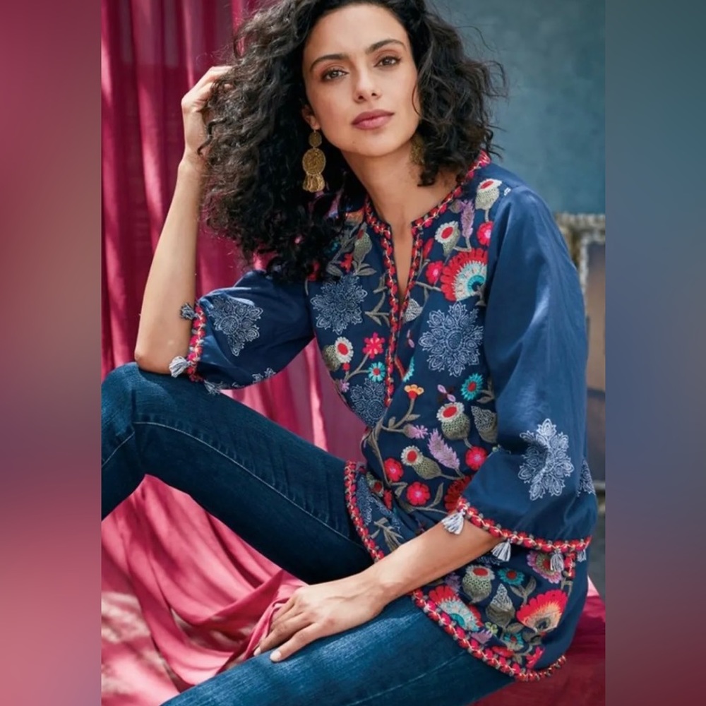 SOFT SURROUNDINGS Paraiso Floral Embroidered Bohemian Tunic Top Size 2X